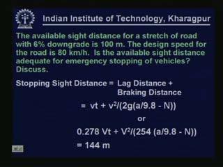 (Refer Slide Time: 00:51:24 min) This is the last one: there is a problem: The available sight distance for a stretch of road with 6 percent downgrade is 100 m, the design speed for the road is 80