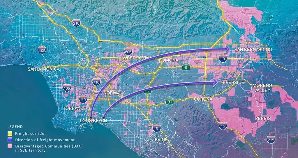 Disadvantaged communities are heavily impacted by air pollution from freight corridors SCE has 45% of CA s DACs Note: Communities are considered DACs if they are in the worst quartile of