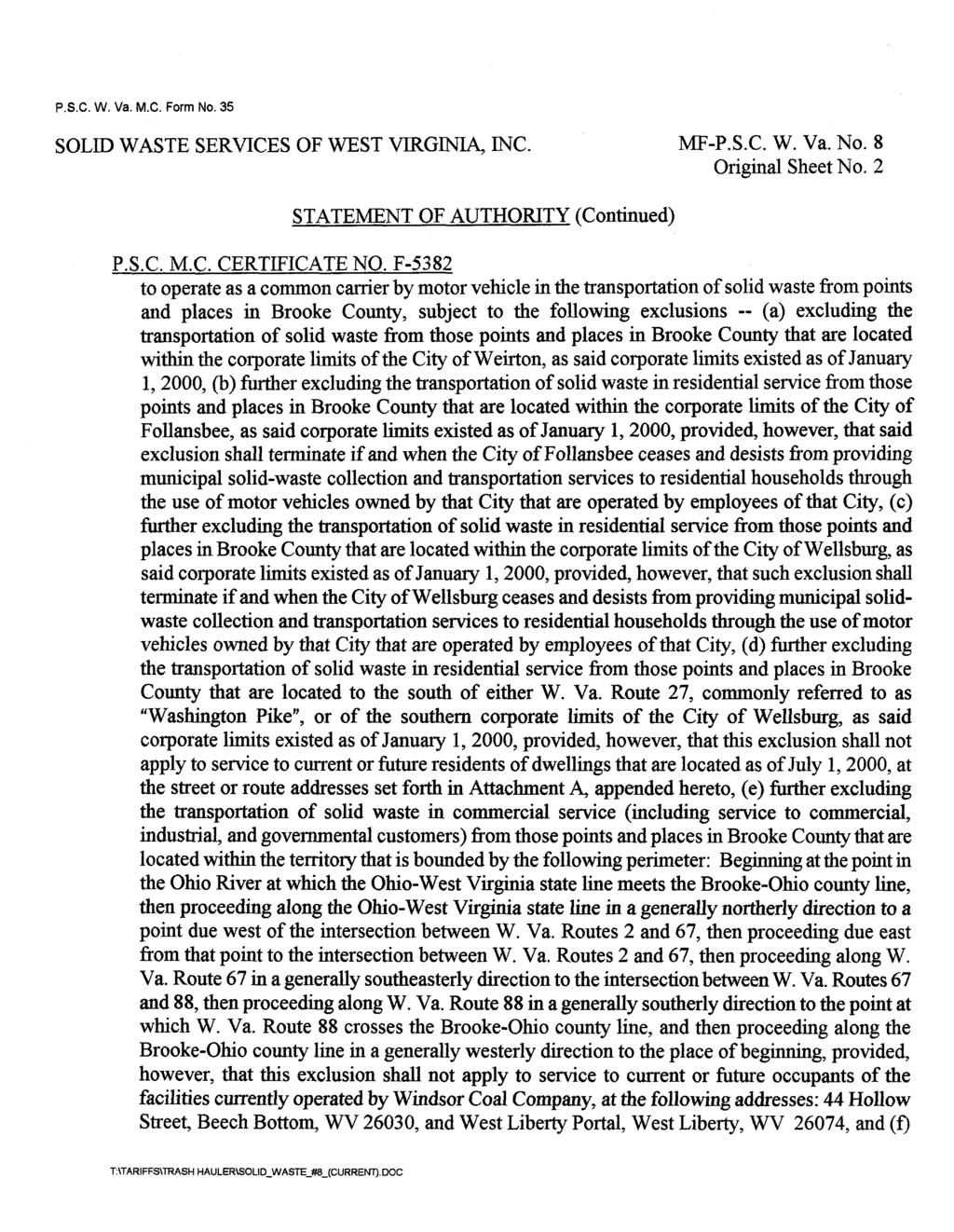 Original Sheet No. 2 STATEMENT OF AUTHORITY (Continued) P.S.C. M.C. CERTIFICATE NO.