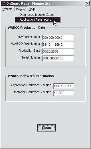 Displaying Application Parameters: 1. Certain specific radar application parameters can be viewed and reset using TOOLBOX Software. To access this screen, select the Display option from the menu. 2.