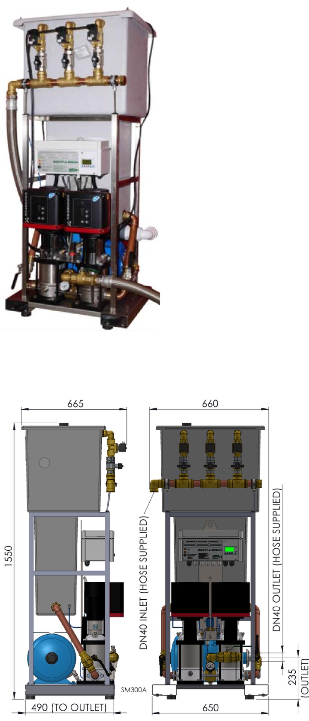 5m² of floor space and allows the unit to be easily and securely transported. The integral 100 litre GRP break tank is rapidly filled by a triple solenoid valve arrangement.