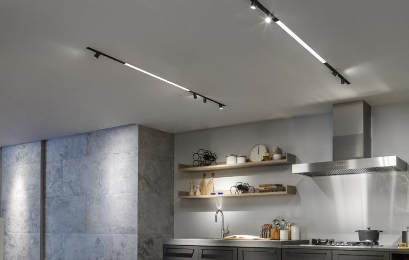 Linear LED and accent fixtures, available in a variety of sizes, can be exchanged and repositioned quickly, without tools, with artistic results.