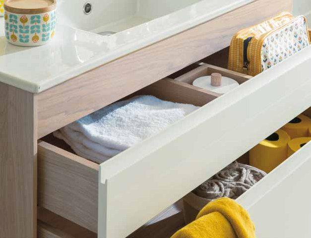 OAK 2 DRAWER UNIT WITH CERAMIC BASIN WITH 1 TAPHOLE L 80 x D 46 x H 50 cm Ref 11000 L 100 x D 46 x H 50 cm Ref 11005