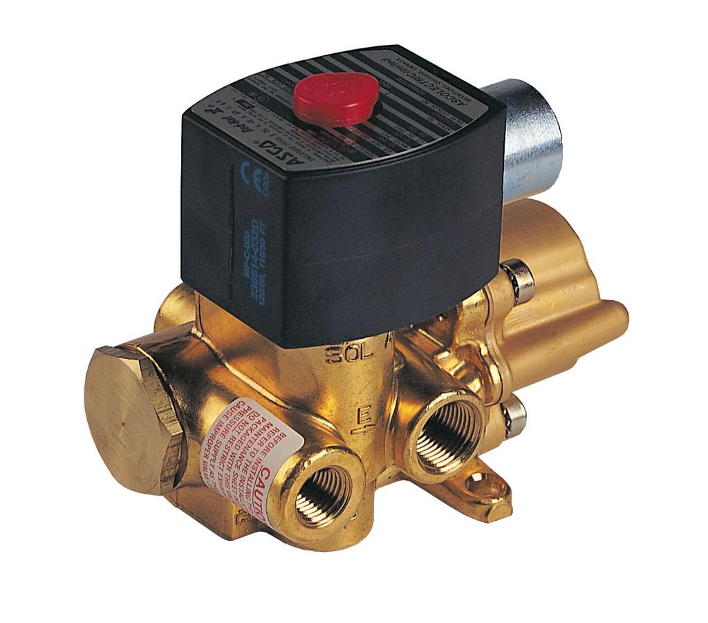 PILOT OPERATED PISTON/POPPET SOLENOID VALVES Brass Body 1/4 to 1" NPT FEATURES Sturdy, solid construction. Piston-operated poppet design provides high flow. Wide range of sizes and flow rates.