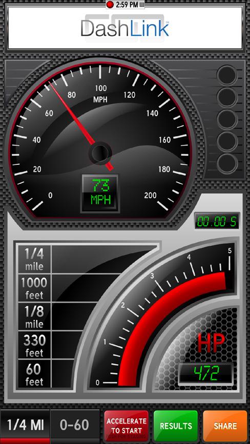 Performance Performance is a quarter mile and speed timer performance page. With this page you can record your vehicles acceleration performance.