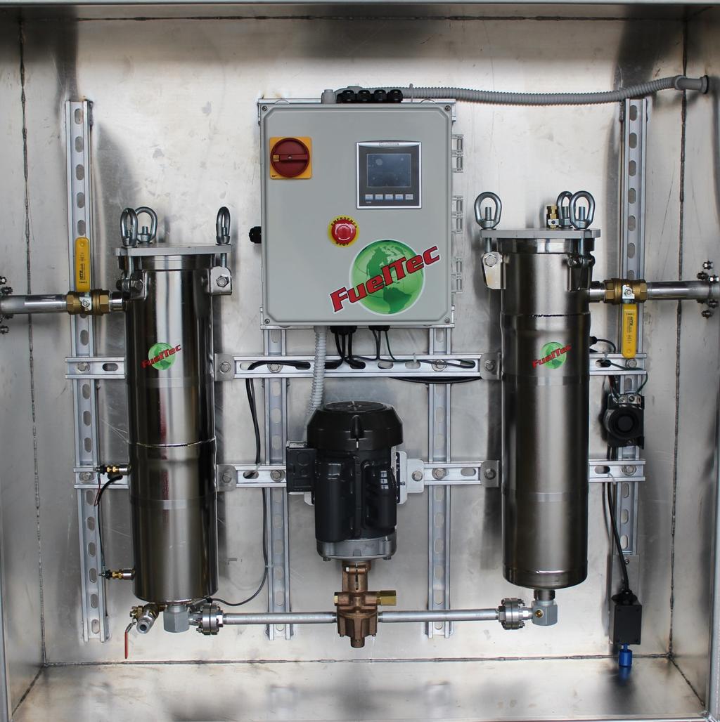 ALUMINUM EQUIPMENT ENCLOSURE FuelTec Polisher Installation Guide EMERGENCY STOP ELECTRIC SERVICE 115VAC 20A 60 HZ SWING BOLTS DISCONNECT CLEAN FUEL RETURN TO TANK STAINLESS STEEL WATER SEPARATOR