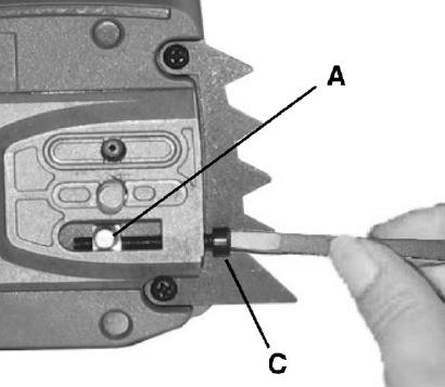 OPERATION (cont.) Adjust the chain tensioning screw (C) using the flat end of the spanner/chain tension adjustor (14) until the bolt (A) fits into the hole in the guide bar (7) (Fig. 5).