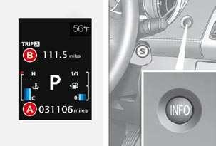 30 I INFORMATION ON THE INSTRUMENT PANEL DISPLAY Data displays With the ignition on, press the INFO button, located on the fascia to the right of the instrument panel, to display the various