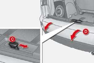 Opening Push the handle C to the right and tilt the tailgate D gently.