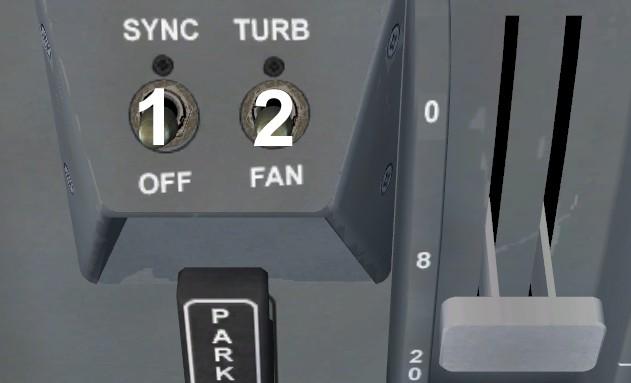 H. ENG SYNC: 1. Sync power switch 2. Turbine (N2) / Fan (N1) switch The ENG SYNC switches are located on the center pedestal and control engine synchronizer system operation.