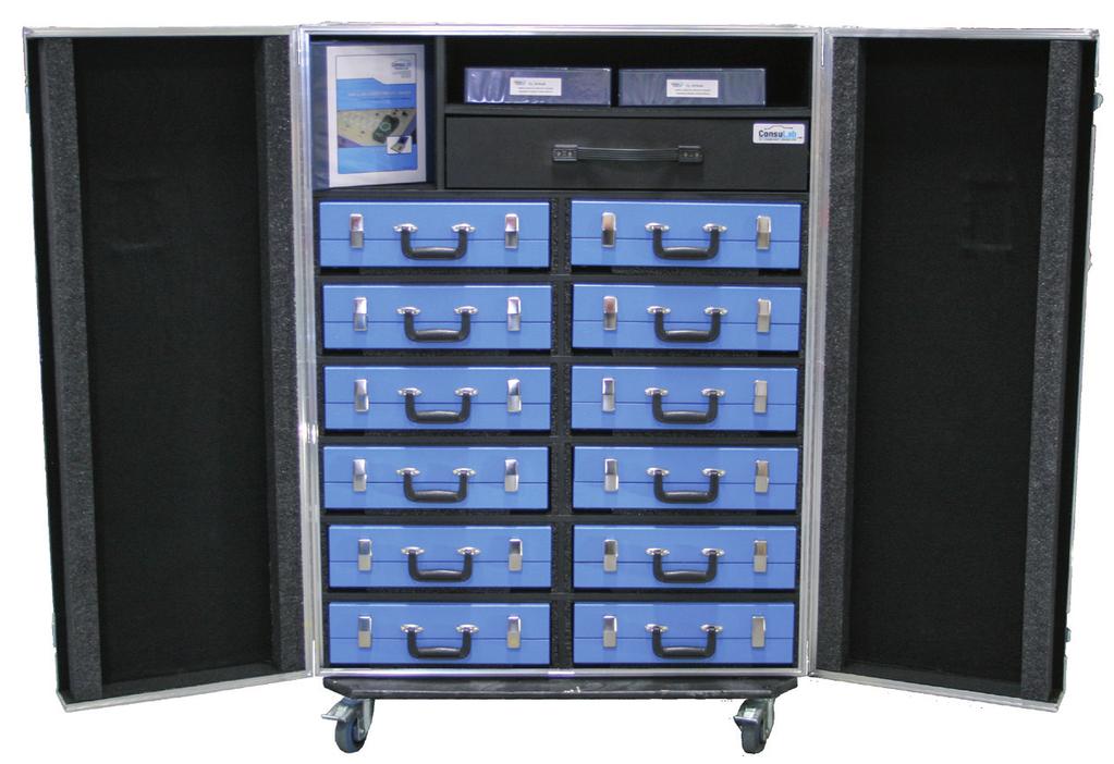 casters Shelves and storage drawer inside the case for spare components, leads and manuals Inside of storage cabinet and trainer shelves are coated with a soft material designed to prevent scratch