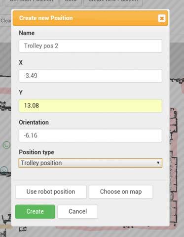 9 Setting robot and trolley positions in the map To create pick up and place trolley missions, trolley positions must be defined in the map.