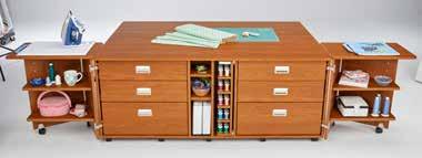 Base Includes: 2 Interior Adjustable Shelves Left and Right Bi-fold Door Set 2 Fabric Palettes 6 Spacious Soft-Closing Storage Drawers 29-1/4 standard height *Options Shown Include: Slide-out Thread