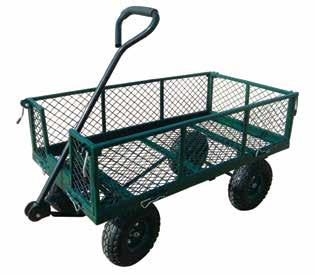 Flat Utility Wagon High sides keep items from rolling off Heavy-duty steel mesh deck 2"H sides keep items from rolling off Auto-type steering keeps front wheels under steel frame to prevent