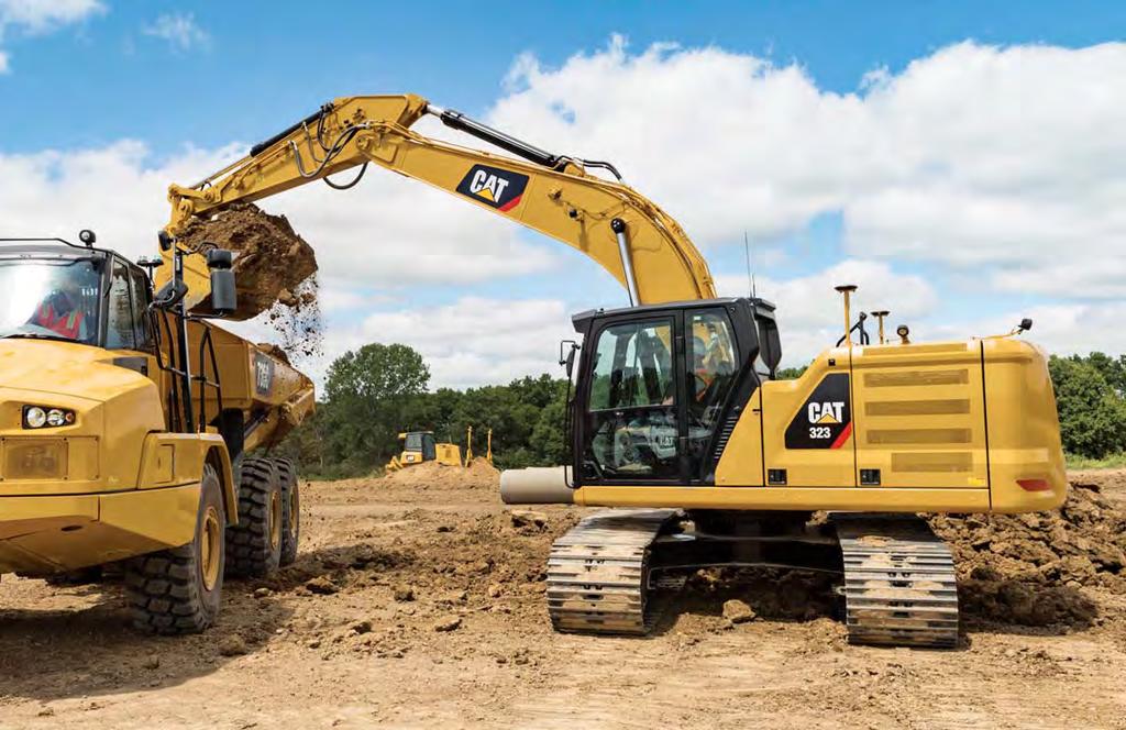 INCREASE EFFICIENCY UP TO 45% 1 The Cat 323 offers the industry s highest level of standard factory-equipped technology, including Cat Grade with 2D, Grade with Assist and Payload.