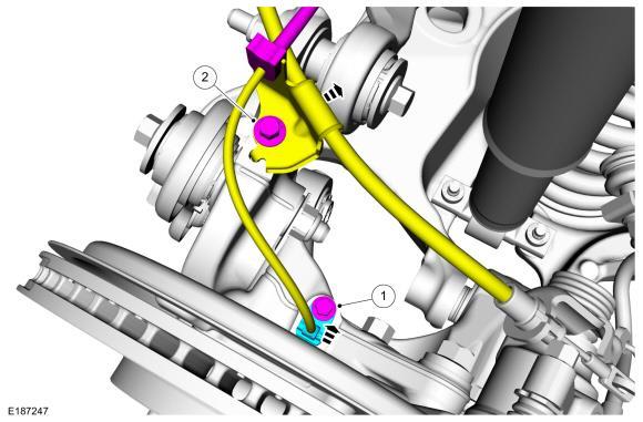 10. Remove both wheel speed sensors bolts (1) and E-brake bracket bolts