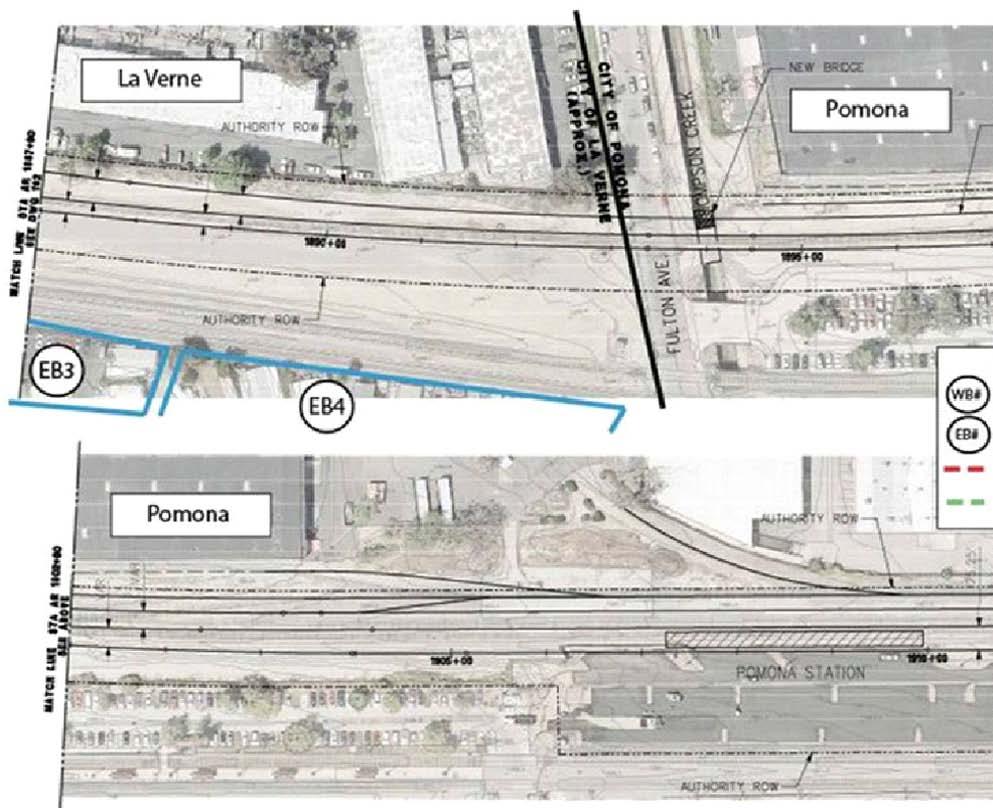 Figure 3.11 24. La Verne Clusters EB 3 4 City of Pomona There is a proposed flyover at Towne in the City of Pomona, moving the light-rail tracks to the north side of the right-of-way.