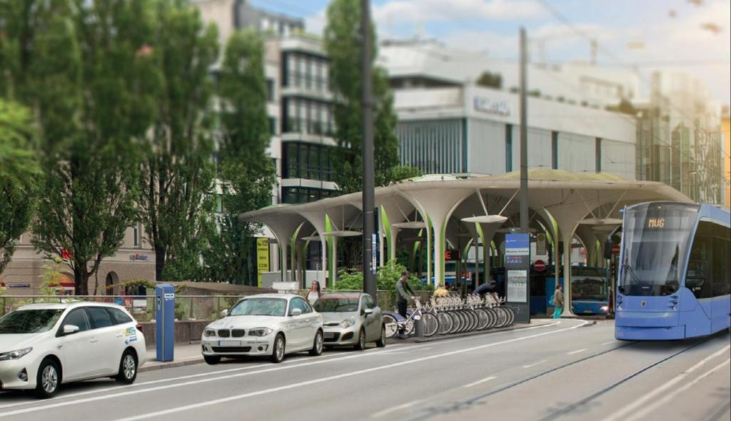 The Mobility Station at Münchner Freiheit (Munich) Private bike parking facilites (behind) Public Transport station Münchner Freiheit 2 Metro lines 1 Tram line 4 Bus lines Taxi stand (behind) 1