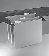 Storage tray consists of three diagonal slats with black dividers to sort files or papers. Tray measures 7" wide by 2-1/2" high by 12-1/2" deep and includes three hooks to mount on tool rail.