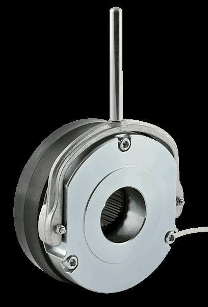 Spring actuated and electromagnetically released disk brake type powered by direct current. Designed for braking rotating machine parts and their precision positioning. Utilized as safety brake.