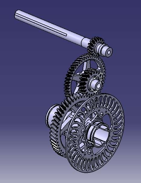 Figure 4. Complete geartrain CAD model showing arrangement of parts As above figure shows, the arrangement of all the components of the drivetrain system. Brake disc is bolted on the brake disc hub.
