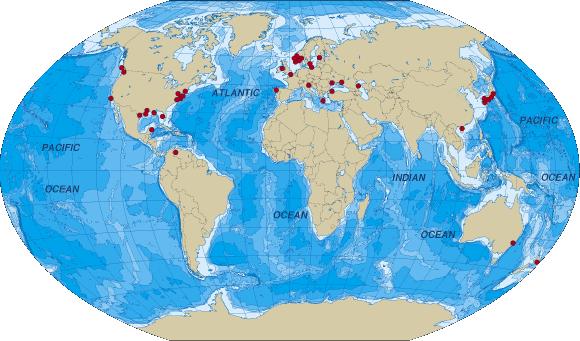 The red dots show areas where anoxic waters are located. Map at http://daac.