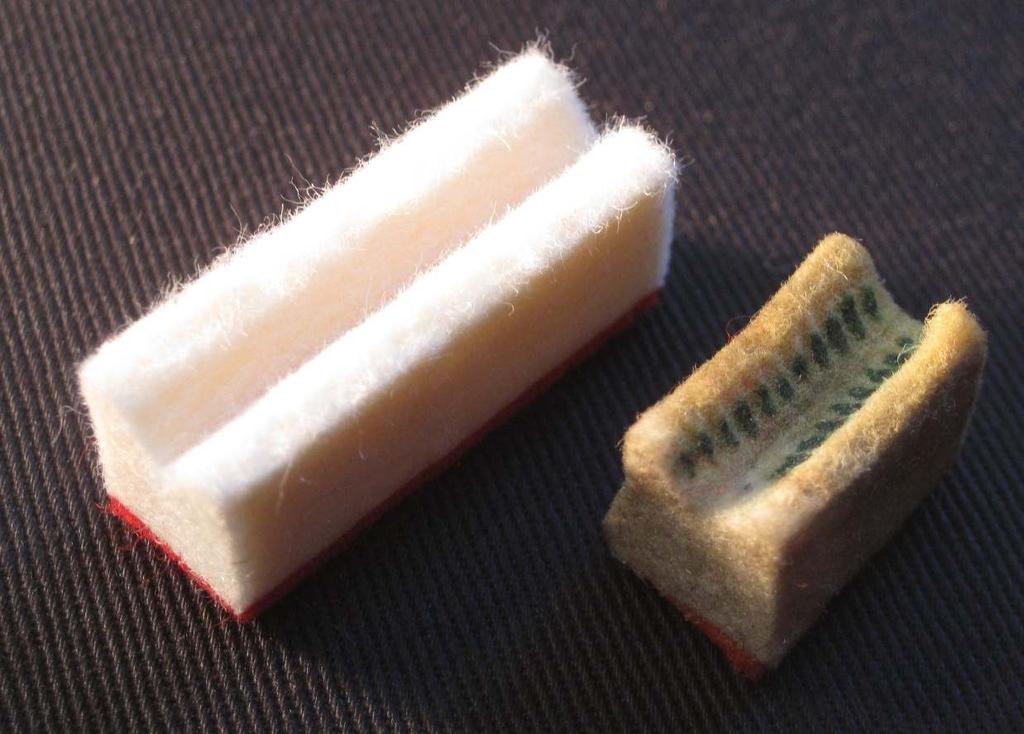 For this to happen, the damper material must be firm enough to hold its shape (damper on left in above photo) but soft enough to instantly muffle the sound of the strings.