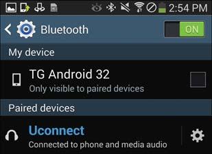 Ensure the Bluetooth feature is enabled. Once enabled, the mobile phone will begin to search for Bluetooth connections. 3. When your mobile phone finds the Uconnect system, select Uconnect. 212 1.