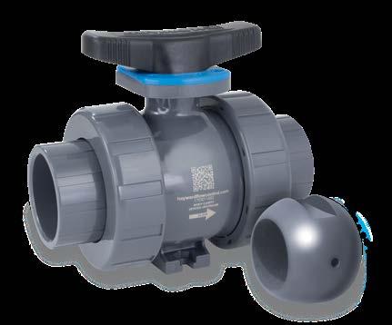 VIADUX WATER NETWORK SOLUTIONS SCHEDULE 80 UPVC VALVES TBH SERIES TRUE UNION BALL VALVE ONE VALVE PLATFORM TBH Series with black handle identifier, drilled ball for sodium hypochlorite applications.