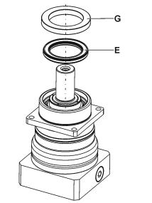 ! Clamp the gear reducer vertically (with the output shaft at the bottom).! Push a screwdriver (F) from outside between shaft nut and sealing lip of the radial shaft seal ring (E).