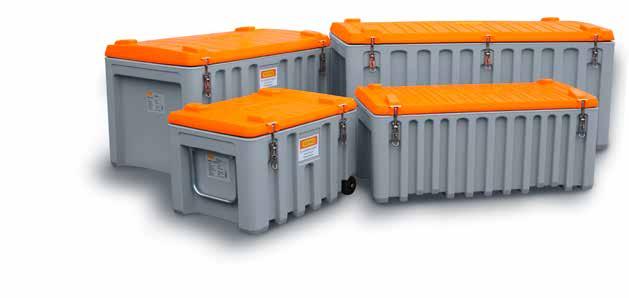 CEMbox [PG 8] CEMbox, PE grey/orange or yellow box made of high-grade PE for transport and storage of tools and small parts ideal length for shovels as well side door optional (750 l box) optimal
