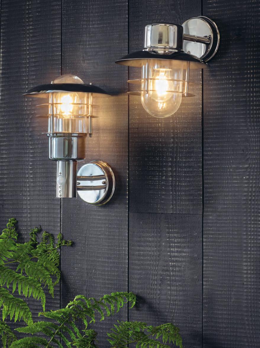 1. 2. 4. 3. The Jenson and Dexter are classic louvered exterior wall lights, each finished in polished stainless steel with clear glass shades.