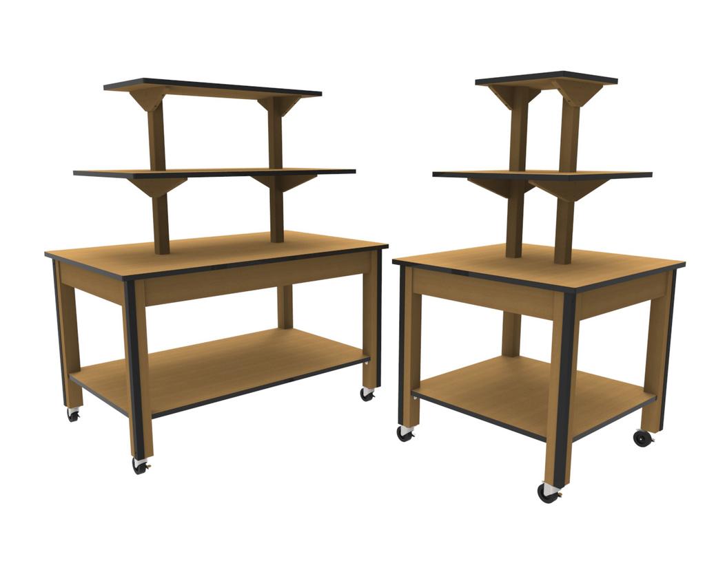 TIERED MERCHANDISING TABLE TBIM-004-01B TBIM-004-02B Tiered Merchandising Table - Small Tiered Merchandising Table - Large Birch/maple plywood & solid maple construction Locking casters Corner Guards