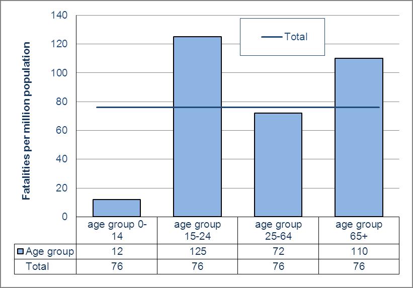 Risk figures Motorcyclists have the highest risk, as are adolescents and the elderly. Figure 3: Fatalities by vehicle type for Austria in 2010 (Sources: CARE).