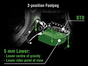 FWD, 15 mm FWD, STD and 10 mm BK The adjustable brackets enable riders to lower the footpeg postion 5mm.