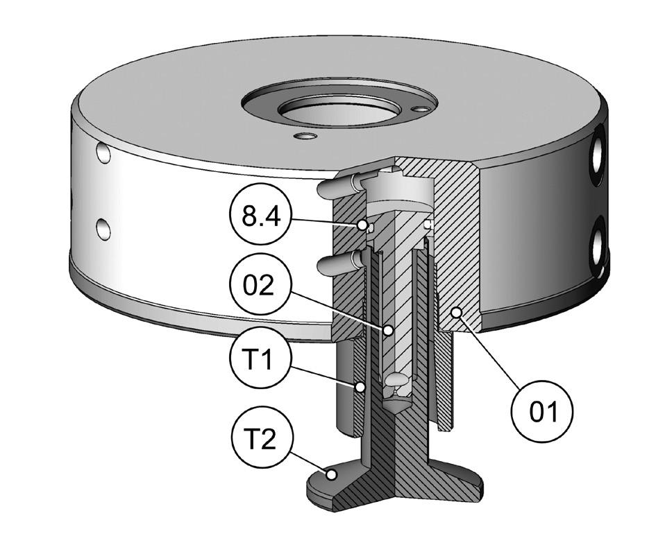 4) (b) into the seal groove of the piston (02). In the seal groove of the piston (02) the sealing element (8.4) (b) is placed above the O-ring (8.4) (a). Doc003316.