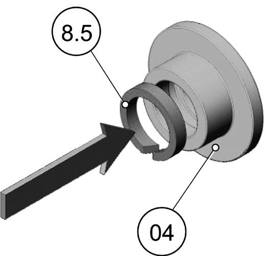 7) Insert the piston (02) with the mounting tool (2) through the calibration sleeve (1) into the cylinder housing (01). Doc003317.png 8) Insert the guiding element (8.
