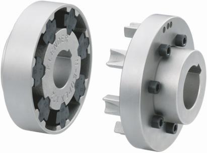 The torque is conducted through elastomer flexibles, so the coupling has typically flexible rubber properties.