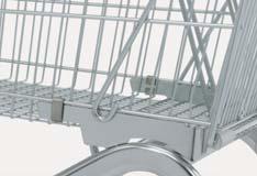 Noise-absorbing plastic hinges and fittings on the basket. Permanent gloss finish for Wanzl products.