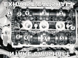 (Image 5 and 6) ( Passenger side cylinder head: Distance between camshaft marks is 16 cam chain rollers.