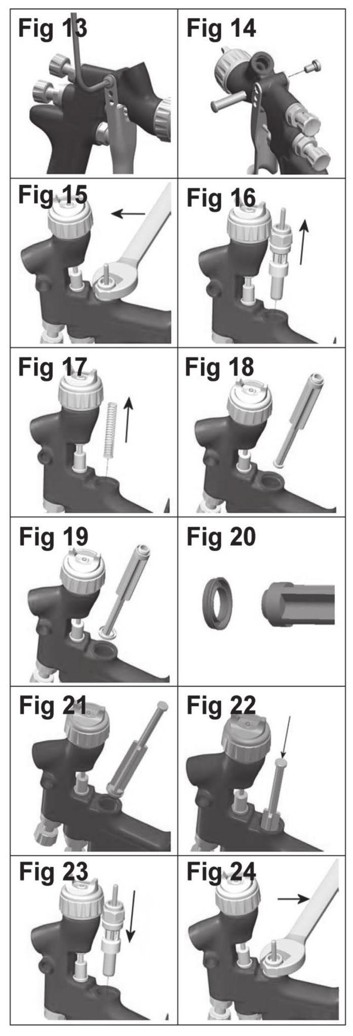 Page 10 Parts Replacement/Maintenance AIR VALVE INSTRUCTIONS Replacing Air Valve Reasons to replace air valve: A) Air leak through the gun. B) Air valve not operating correctly. 1. Remove trigger using TORX (T20) key provided in the kit.