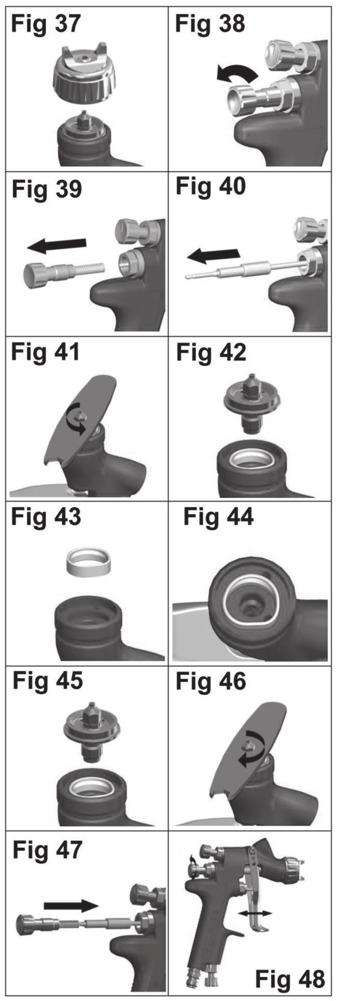 Page 12 Parts Replacement/Maintenance SEPARATOR SEAL INSTRUCTIONS Replacing Separator Seal 1. Remove air cap and retaining ring. (See fig 37) 2. Remove fluid adjusting knob, spring, and spring pad.
