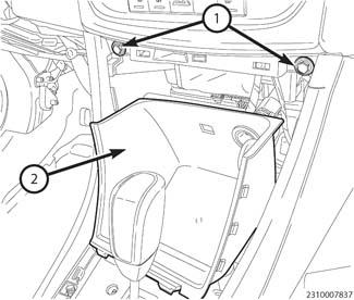 9. Using trim stick C-4755 or equivalent, remove and disconnect the console front storage bin (2). 10. Remove the floor center console front fasteners (1). 11.