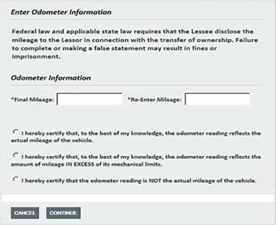Vehicle Grounding, cont d. 4. Enter Odometer Information. Please ensure you ve read the mileage disclosure statement. a.