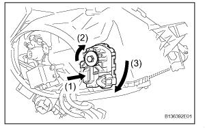 a. Attach the headlight levering motor to the headlight. b. Rotate the aiming screw on the headlight leveling motor in the direction indicated by arrow (2) in the illustration and install the shaft.