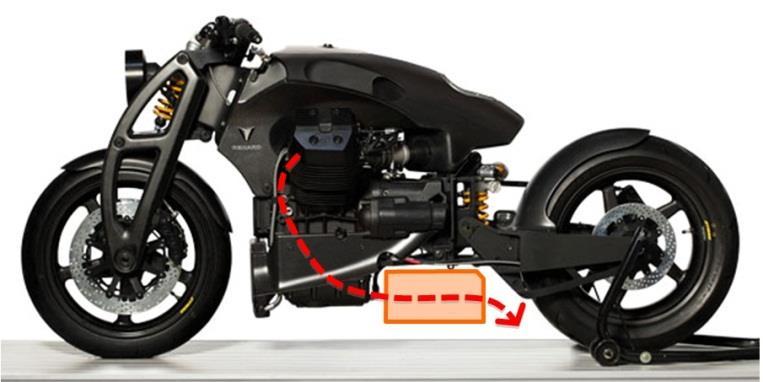 Figure 1 A side view of the motorcycle prototype [1]. The location of the silencer unit (orange rectangle) and the direction of exhausting gas flow (dashed red arrow) are illustrated.