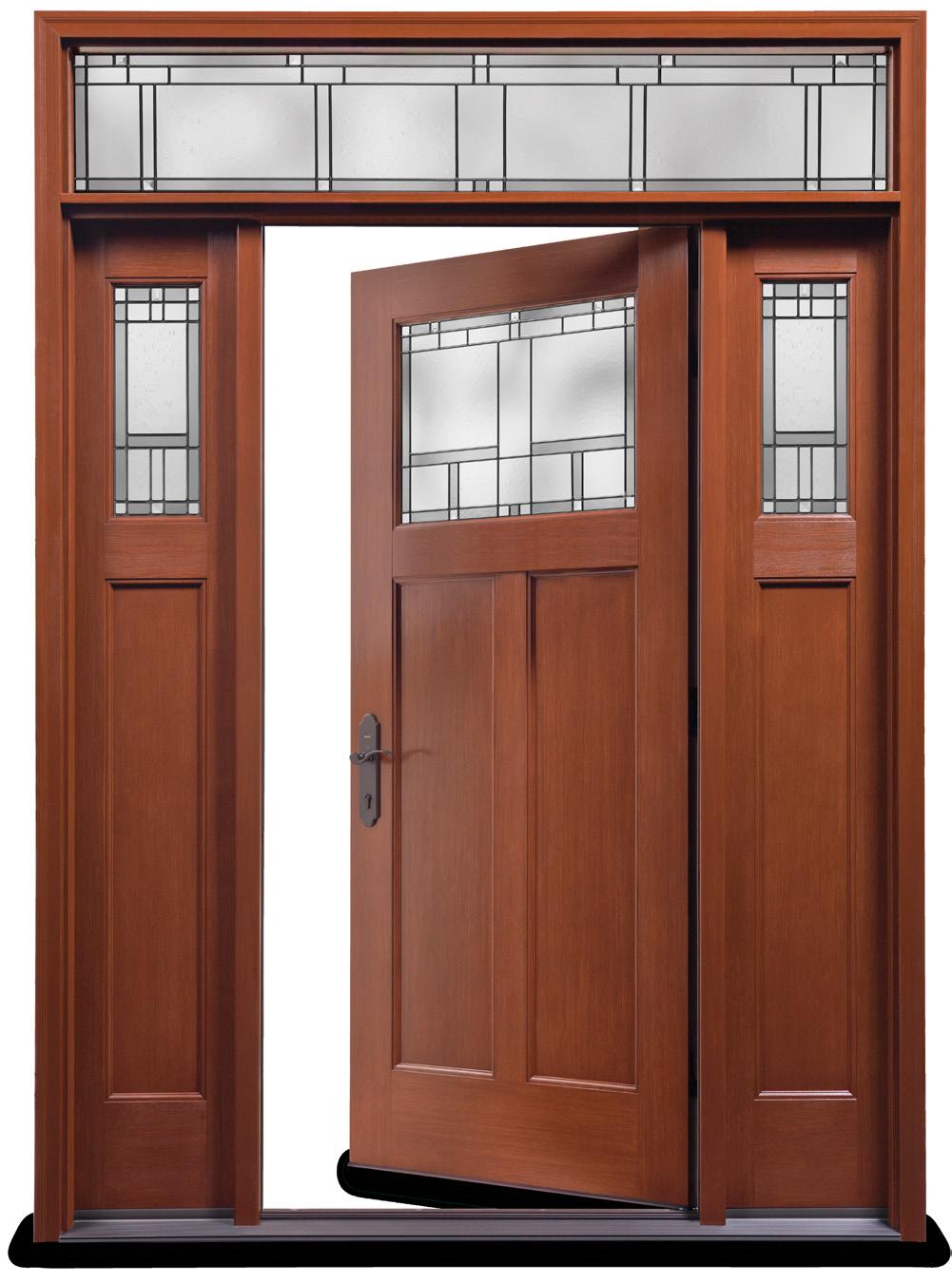 The next configuration decision is a complementary component such as a sidelite (a small panel with glass that sits next to the door) or a transom (a glass accent fixture that sits above the door).