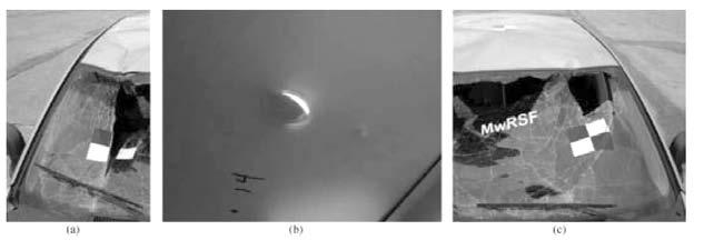 Schmidt et al.in Journal of Transportation Safety 3 (2011) 10 Figure 2. Vehicle damage, test no. WZ09-1: (a) System 1A windshield, (b) System 1A roof, and (c) System 1B windshield.