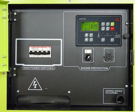 ACP - Automatic control panel Mounted on the genset, complete with digital control unit AC03 for monitoring, control and protection of the generating set, protected through door with lockable handle.