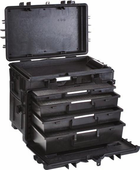 5 plastic storage component organizers (can be stored either beneath the upper tray or inside a drawer). 18¹ ₄ (w) x 9⁷ ₈ (d) x 1³ ₁₆ (h) drawer (1). 18¹ ₄ (w) x 9⁷ ₈ (d) x 2¹ ₃ (h) drawer (2).